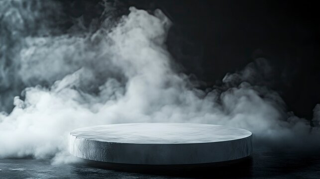 Empty Round platform emerging from a mysterious dry ice smoke on a black background, creating an ideal setting for product showcasing.