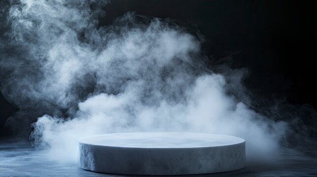Empty Round platform emerging from a mysterious dry ice smoke on a black background, creating an ideal setting for product showcasing.