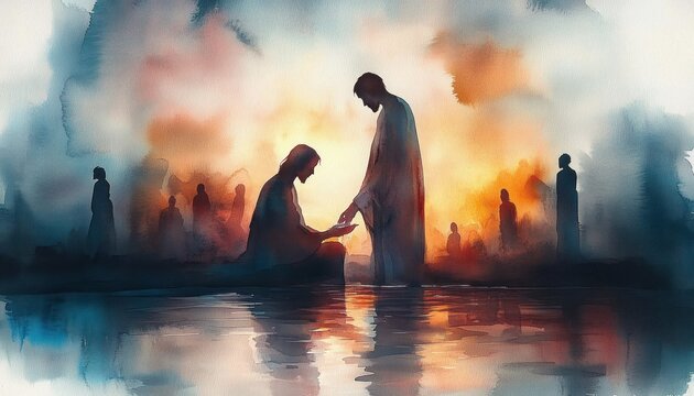 Foot Washing of Jesus Christ Maundy Thursday New Testament Watercolor Illustration