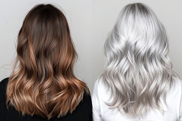 Naklejka premium Two hairstyles are displayed side by side, featuring soft, flowing waves. The left showcases a warm brunette with highlights, while the right shows a chic silver tone.