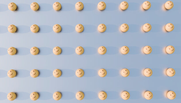 3D rendering of happy emoji patterns in rows on a blue background