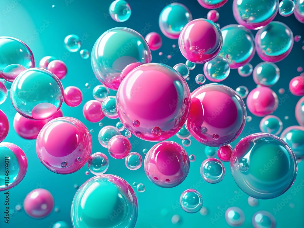 Poster abstract minimalist design of pink bubbles on a turquoise background in y2k style featuring 3d liqui