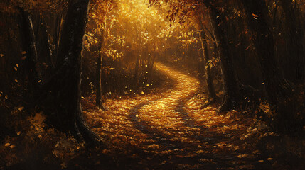 Obraz premium A path winding through a golden woodland covered in fallen leaves.