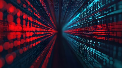 Abstract digital tunnel of red and blue data streams, illustrating concepts of technology, data transfer, and cyber networks.