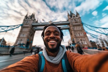 Smiling man takes selfie in front of Tower Bridge on a sunny day. Generative AI