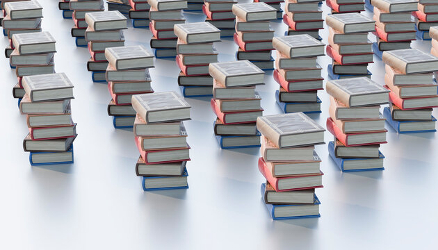 3D rendering of multiple stacks of books arranged in a patterned order.