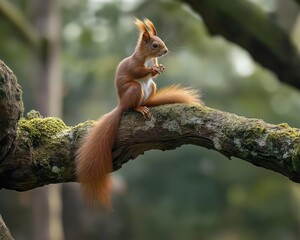 Fototapeta premium Red squirrel perched on the moss-covered branch of an old tree