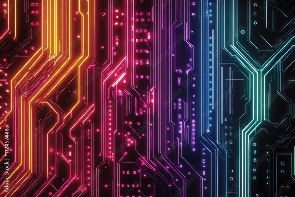 Poster neon circuit board design vibrant abstract geometric patterns with dramatic backlighting