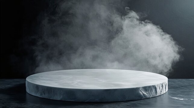 Empty Round platform emerging from a mysterious dry ice smoke on a black background, creating an ideal setting for product showcasing.