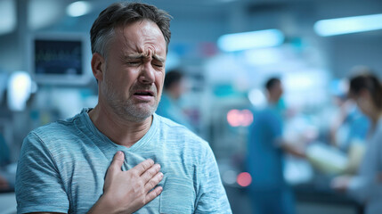Heart attack concept. Man with Chest Pain in Emergency Room