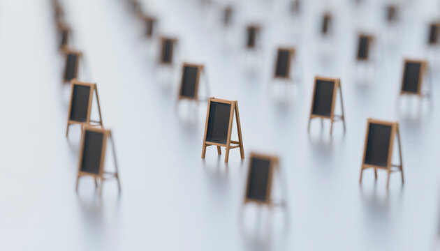 3D rendering of a pattern with small blackboards arranged in rows with no people.