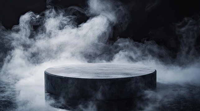 Empty Round platform emerging from a mysterious dry ice smoke on a black background, creating an ideal setting for product showcasing.
