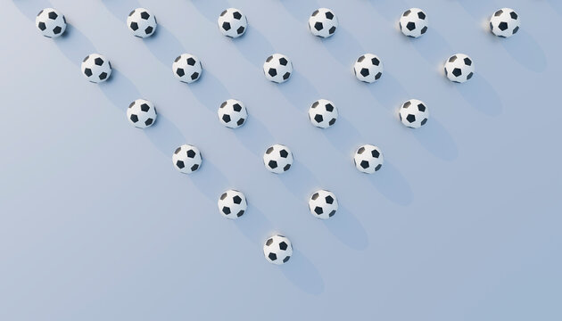 3D render of a geometric pattern of soccer balls on a blue background.