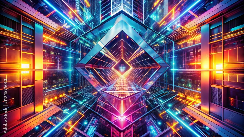 Poster abstract neon-lit geometric structure with double exposure effect capturing vibrant colors and intri