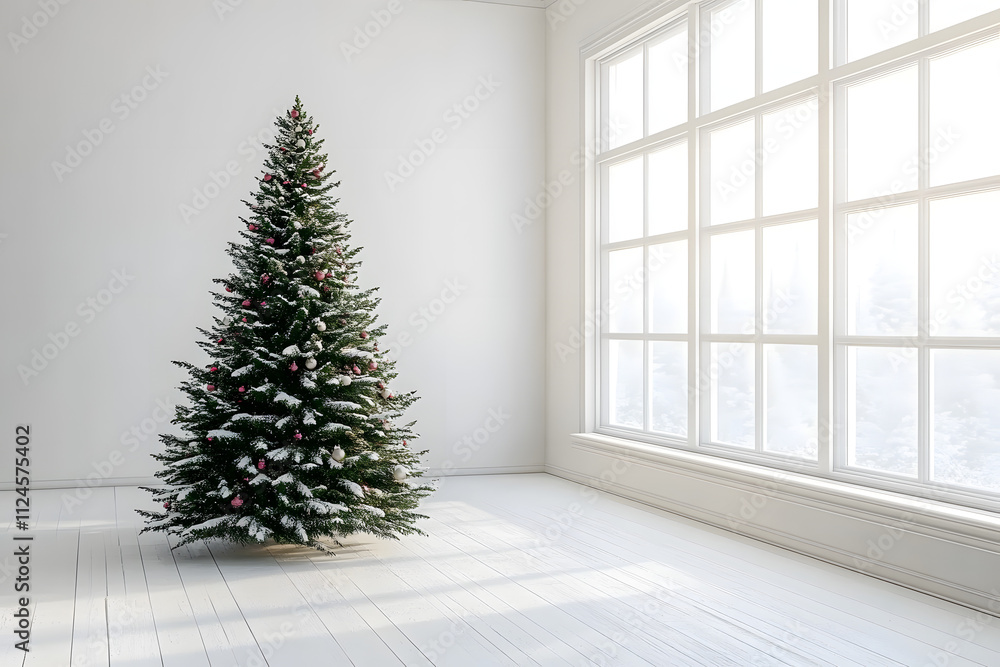Poster christmas tree in white room with window. 3d rendering mock up