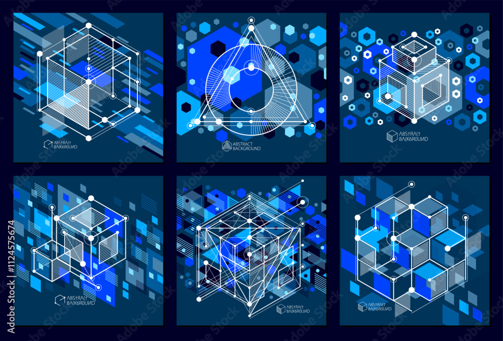 Poster vector drawings set of blue black industrial system created with lines and 3d cubes. modern geometri