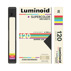 Retro style VHS video cassettes front view with label and cover, cover side view. Empty labels with lines for text. Magnetic cassette label fantasy 90s cover design. Vector illustration with opacity.