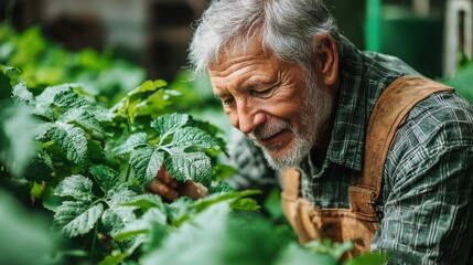 An elderly man smiles while tending to lush green plants, showcasing his passion for gardening in a natural environment.