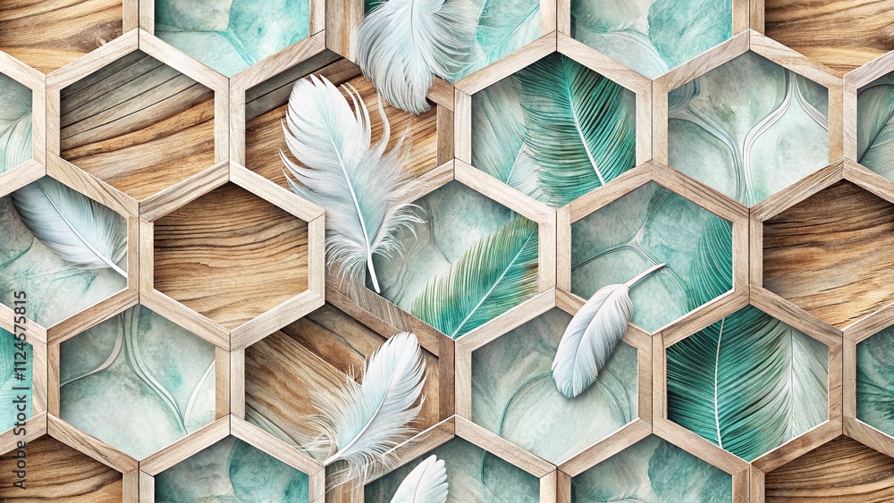Aufkleber abstract oak and white lattice design with soft watercolor feathers and dynamic hexagons in cool ton