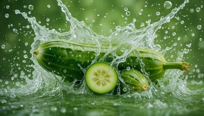 cucumber water splash with a vibrant green gradient background created with generative AI