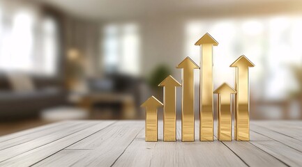 A golden bar graph with arrows pointing upwards, set in a contemporary business space, representing financial progress and successful investment strategies