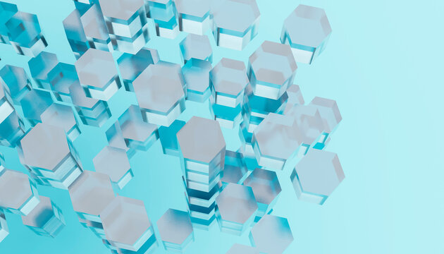 3D rendering of glass hexagonal shapes in a blue abstract design.