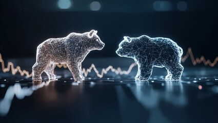 A captivating representation of two digitally rendered bear figures facing each other, symbolizing the eternal struggle between market bulls and bears in financial trading.