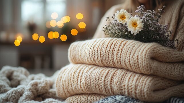 Pregnant Woman in Cozy Sweater Holding Soft Baby Blankets in Warm Nursery - Powered by Adobe