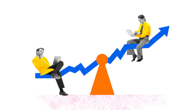 Contemporary art collage. Balancing figures on seesaw with rising arrow, showing equality, shared learning, and upward growth in mentoring partnership. Concept of couching, personal development. Ad