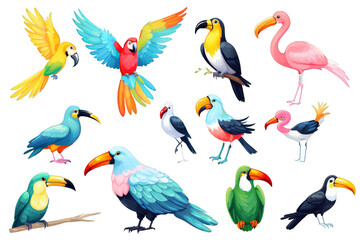 Naklejka premium Set of birds, parrot, flamingo, hummingbird and toucan, isolated white background, watercolor hand drawn collection, Generative AI
