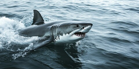 Naklejka premium Great White Shark Breaching Ocean Surface in Hunting Display