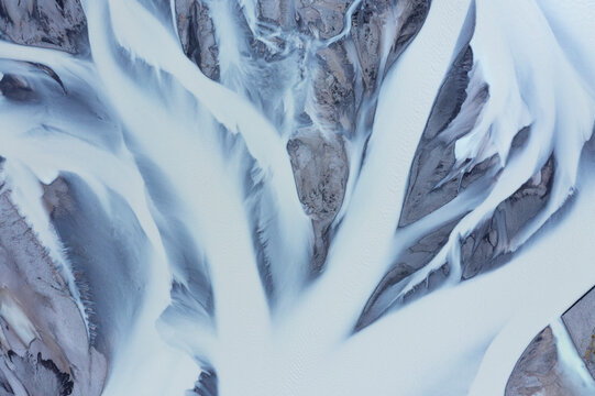 Abstract aerial view of glacial river (H�lmsa) near H�fn, Austurland, Iceland, Northern Europe.