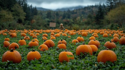 A vibrant pumpkin patch filled with numerous pumpkins of varying sizes, set against a cloudy landscape with blurred trees in the background.
