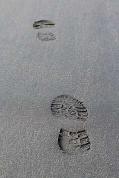 Footprint in sand on beach in Stokksnes Cape, Austurland, Eastern Region, Iceland, Northern Europe, Europe.