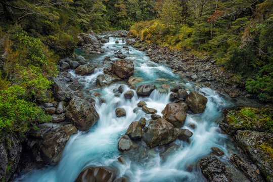 Bealey River with crystal clear water at Arthur's Pass in the South Island of New Zealand.