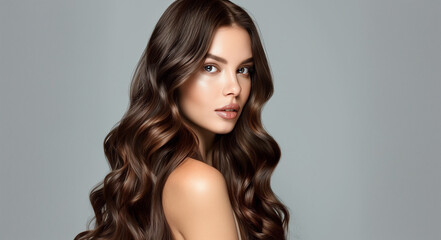 Naklejka premium Beauty fashion portrait of glamour woman with beautiful make-up and curly long hair. Hair care, cosmetic, style and elegance concept