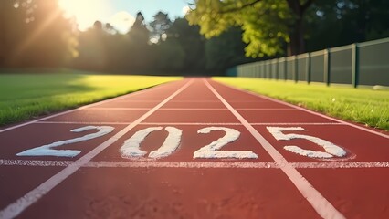 A 2025 running track under a vibrant sunset, with the sky painted in shades of orange and purple, perfect for evening runs, generative ai