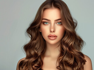Fototapeta premium Charming young glam lady with healthy wavy hairstyle. Beautiful woman portrait.