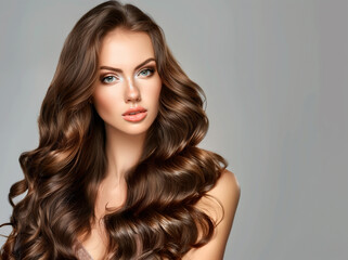 Naklejka premium Beautiful young glam lady with healthy wavy hairstyle. Beautiful woman portrait.