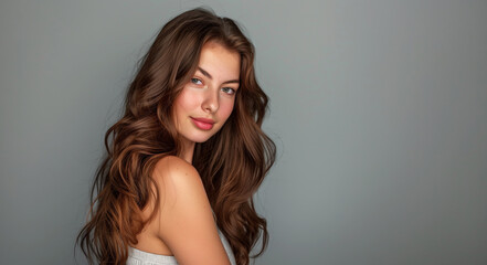 Naklejka premium Happy woman. Female model with beautiful make-up and shine long hair. Hair care, cosmetic, style and elegance concept