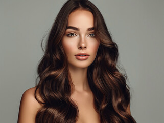 Naklejka premium Elegant young glam lady with healthy wavy hairstyle. Beautiful woman portrait.
