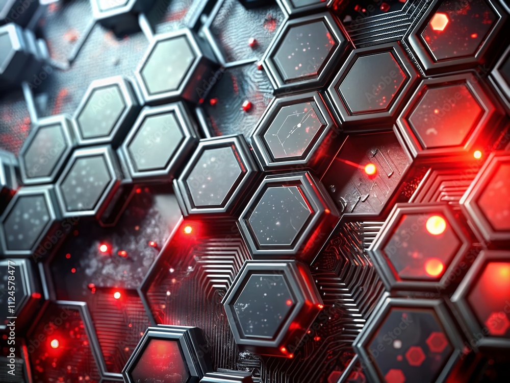Poster abstract red grey metal black cyber circuit design with futuristic technology elements on hexagon me