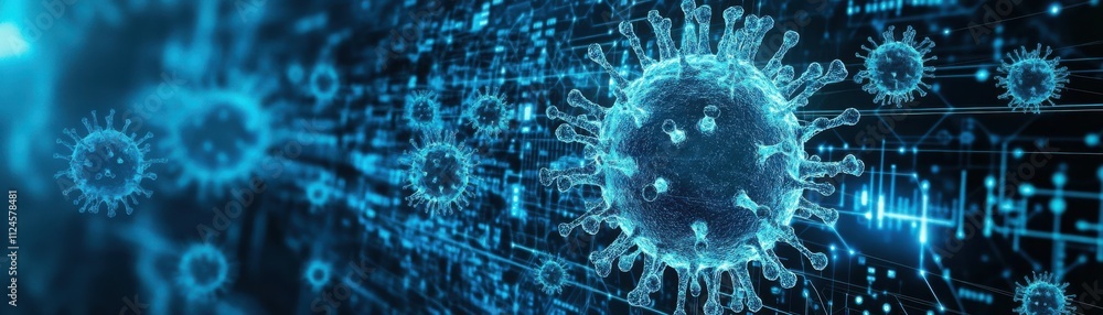 Poster a digital representation of a virus, depicted with intricate details, glowing in blue tones against 