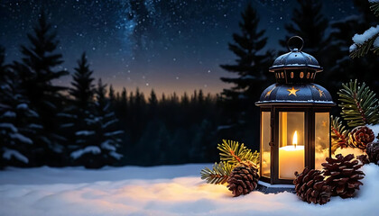 A warm, inviting image of a lantern casting a soft, golden glow on a snowy landscape at night.