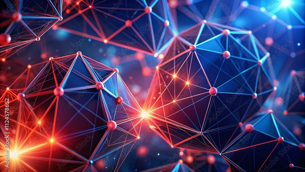 Poster abstract red polygonal shapes on dark blue background representing technological concepts of digital