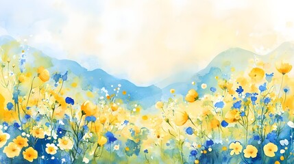 A vibrant watercolor landscape filled with colorful flowers and soft mountains in the background.