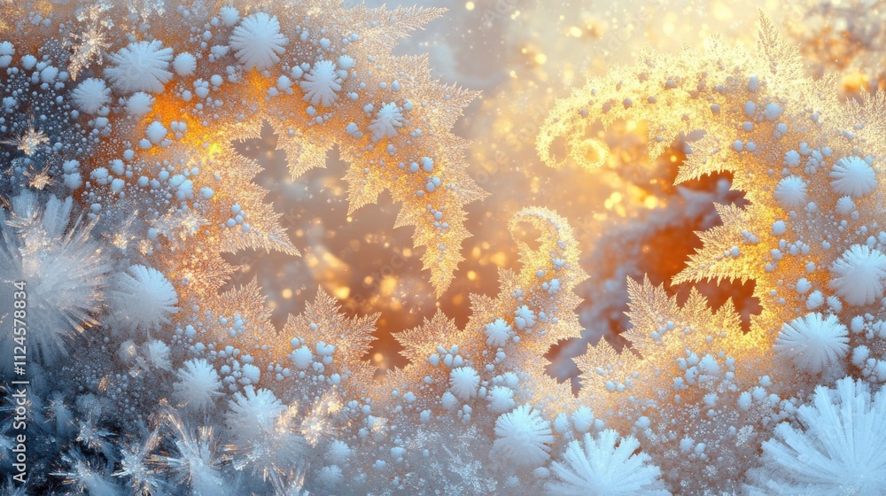 Poster an abstract representation of frosty patterns and warm colors, blending ice-like textures with glowi