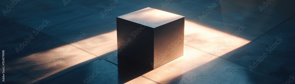Poster a dark, minimalist cube illuminated by a beam of light, creating a striking contrast against the sur