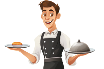 Cheerful Cartoon Waiter Ready to Serve Drinks and Food Isolated on White Background Perfect for Hospitality and Restaurant Themes