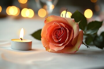 Fototapeta premium romantic table setting with single rose and lit candle on white tablecloth softly glowing with abundant copy space